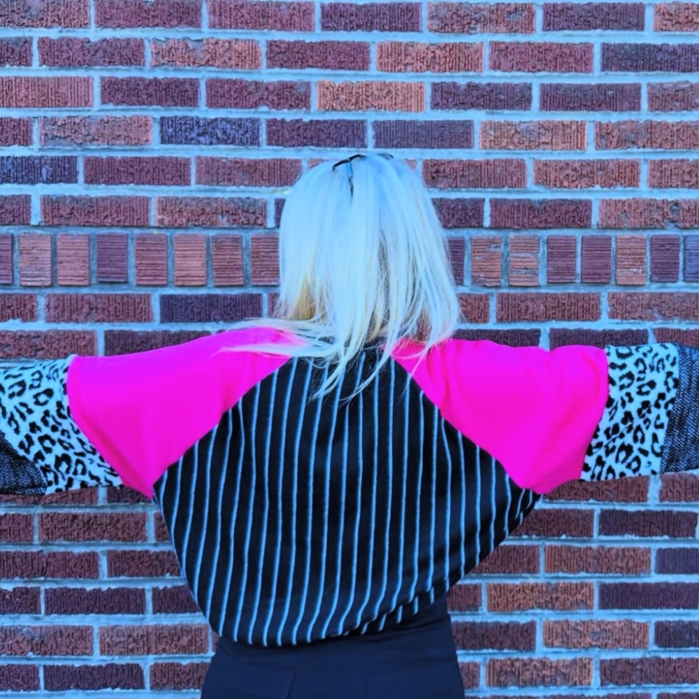 Pink and Black Colorblocked Sweatshirt with Leopard Print